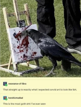 A tumblr thread about a raven using a paintbrush.